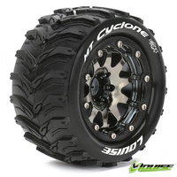 MT-CYCLONE Monster Truck MFT Tires on Black-Chrome 0-Offset Bead-Lock Wheels