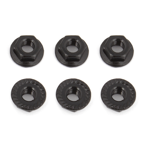 Wheel Nuts, M4, Serrated, flanged, black steel