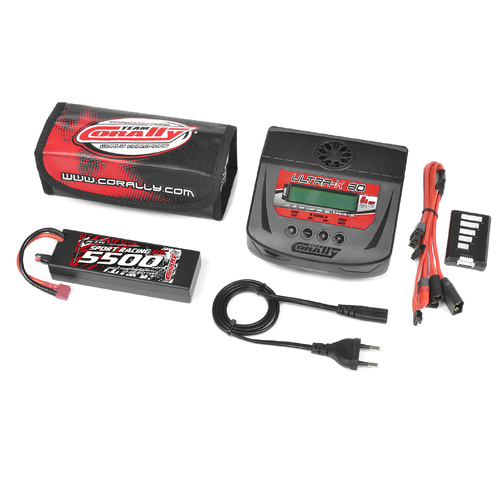 Team Corally - Energy Pack - Lipo 60C - 5500Mah - 2S - T-Plug - Hard Case + Ultra-X 80 - 1-6S AC/DC Charger + Lipo Safety Bag + Charge-Balance Lead