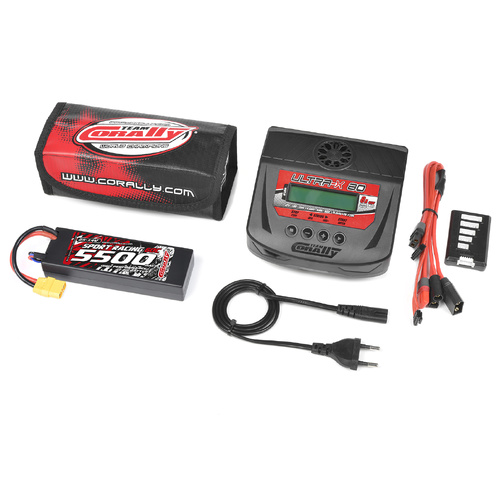 Team Corally - Energy Pack - Lipo 60C - 5500Mah - 2S - XT-90 - Hard Case + Ultra-X 80 - 1-6S AC/DC Charger + Lipo Safety Bag + Charge-Balance Lead