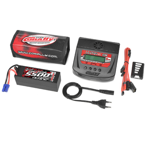 Team Corally - Energy Pack - Lipo 60C - 5500Mah - 4S - EC-5 - Hard Case + Ultra-X 80 - 1-6S AC/DC Charger + Lipo Safety Bag + Charge-Balance Lead