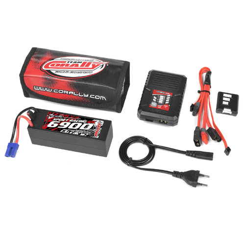Team Corally - Energy Pack - Lipo 50C - 6700Mah - 4S - EC-5 - Hard Case + Racer 50 - 2-4S AC Charger + Lipo Safety Bag + Charge-Balance Lead