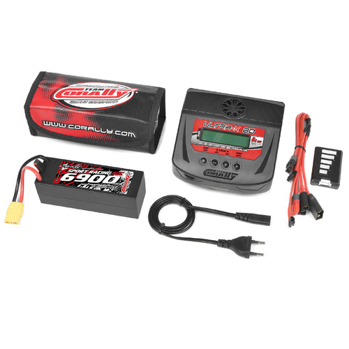 Team Corally - Energy Pack - Lipo 50C - 6700Mah - 4S - XT-90 - Hard Case + Ultra-X 80 - 1-6S AC/DC Charger + Lipo Safety Bag + Charge-Balance Lead