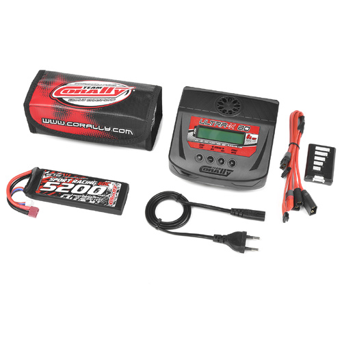 Team Corally - Energy Pack - Lipo 60C - 5200MAH - 2S - T-Plug - Semi-Soft Case + Ultra-X 80 - 1-6S AC/DC Charger + Lipo Safety Bag + Charge-Balance Le