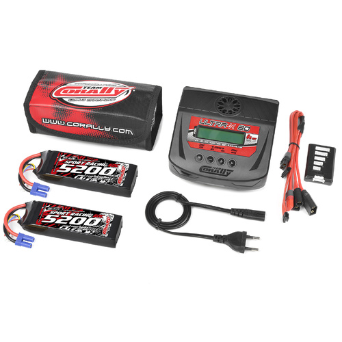 Team Corally - Energy Pack - 2X Lipo 60C - 5200MAH - 3S - EC-5 - Semi-Soft Case + Ultra-X 80 - 1-6S AC/DC Charger + Lipo Safety Bag + Charge-Balance L