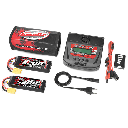 Team Corally - Energy Pack - 2X Lipo 60C - 5200MAH - 3S - XT-90 - Semi-Soft Case + Ultra-X 80 - 1-6S AC/DC Charger + Lipo Safety Bag + Charge-Balance 