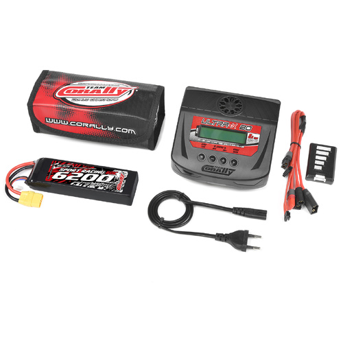 Team Corally - Energy Pack - Lipo 60C - 6200Mah - 3S - XT-90 - Semi-Soft Case + Ultra-X 80 - 1-6S AC/DC Charger + Lipo Safety Bag + Charge-Balance Lea