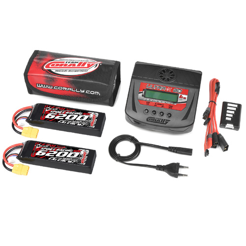 Team Corally - Energy Pack - 2X Lipo 60C - 6200Mah - 3S - XT-90 - Semi-Soft Case + Ultra-X 80 - 1-6S AC/DC Charger + Lipo Safety Bag + Charge-Balance 