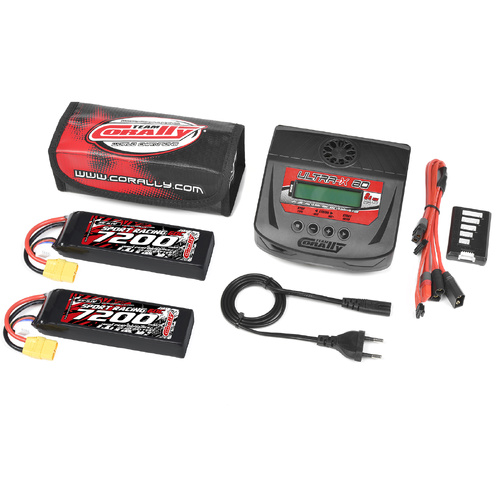 Team Corally - Energy Pack - 2X Lipo 60C - 7200Mah - 3S - XT-90 - Semi-Soft Case + Ultra-X 80 - 1-6S AC/DC Charger + Lipo Safety Bag + Charge-Balance 