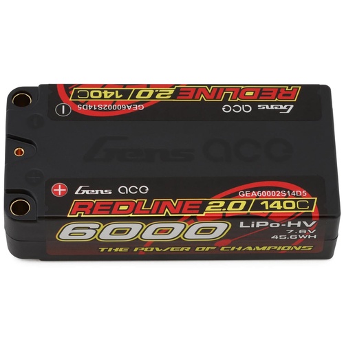 Gens Ace Redline 2.0 2S Shorty LiHV Battery 140C (7.6V/6000mAh) w/5mm Bullets
