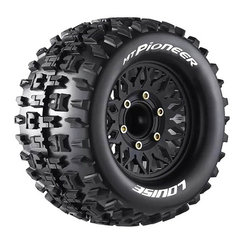 Louise RC - MT-PIONEER - 1-10 Monster Truck Tire Set - Mounted - Sport - Black Wheels - Removable HEX 12 Narrow, 12 Wide, 14, 17mm