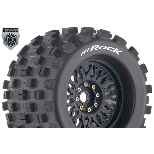 Louise RC - MT-ROCK - 1-8 Monster Truck Tire Set - Mounted - Sport - Black Wheels - Removable 0 & 1/2 OFFSET HEX 17mm 
