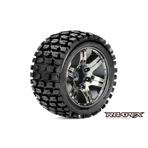 TRACKER 1/10 STADIUM TRUCK TIRE CHROME BLACK WHEEL WITH 1/2 OFFSET 12MM HEX MOUNTED