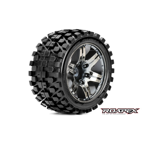 RHYTHM 1/10 STADIUM TRUCK TIRE  CHROME BLACK WHEEL WITH 1/2 OFFSET 12MM HEX MOUNTED